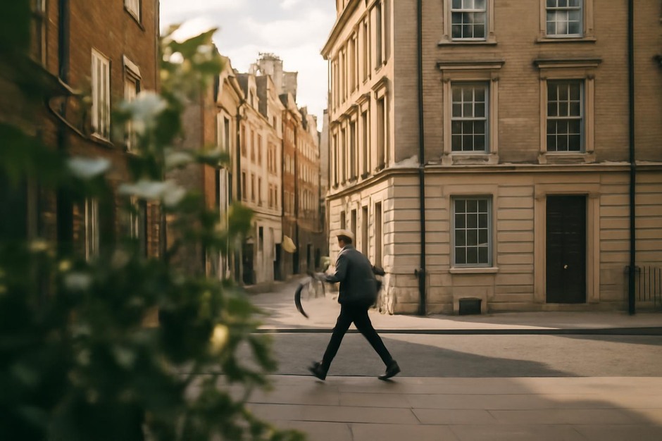 A layered street scene with a blurred foreground plant, a person walking in mid-ground, and buildings in the background