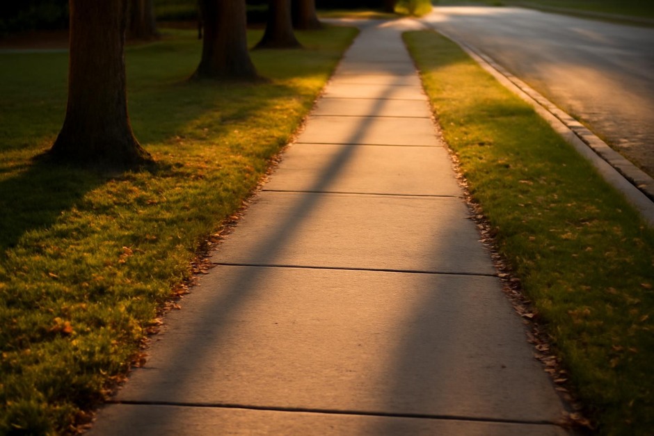 Soft afternoon sunlight falling on a sidewalk and casting long shadows