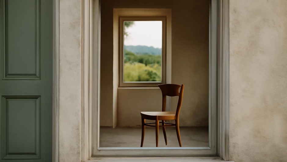 A view through a small shop window framing a single chair inside