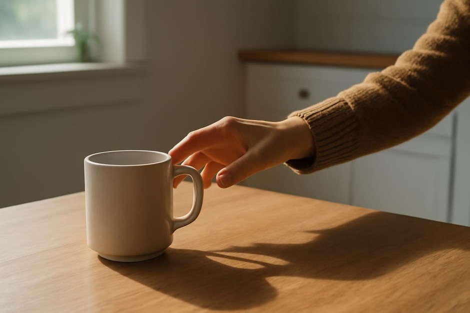 A hand reaching for a mug on a kitchen table bathed in morning light