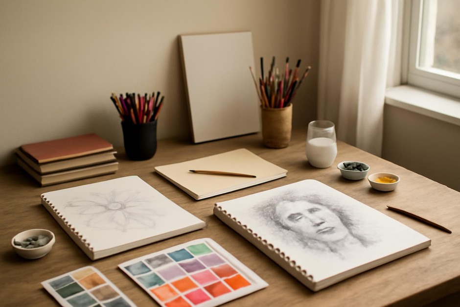Abstract art desk with color swatches, brush marks, and sketchbook studies.