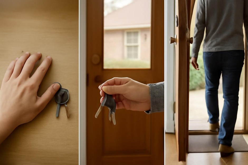Three-frame sequence showing a hand reaching for keys, keys in hand, and stepping out a doorway