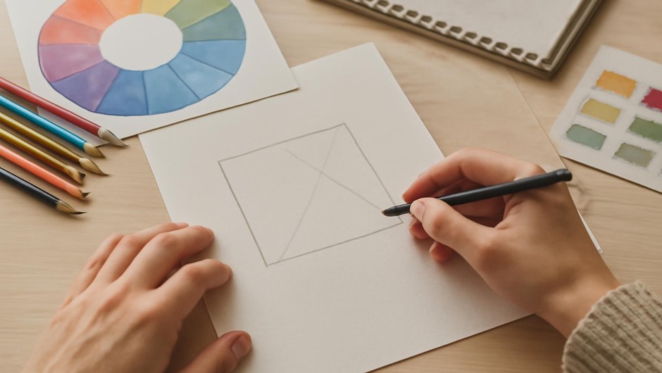 Bright studio image with paint textures, paper layers, and geometric color blocks.